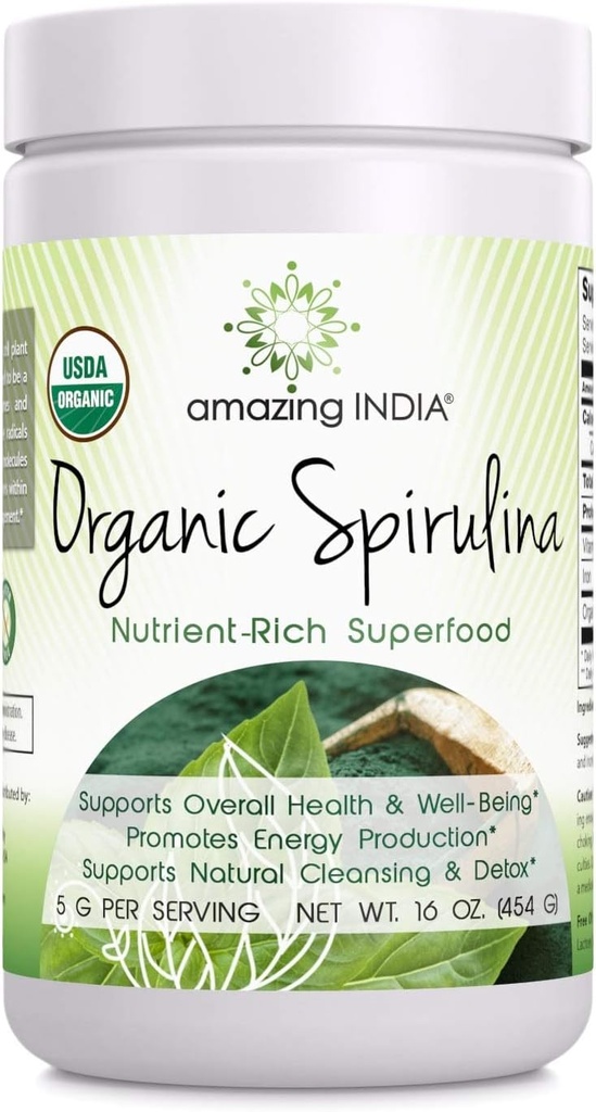 Amazing India Organic Spirulina Powder (Non-GMO) 16 oz (454 gm) - Støtter celle regenerasjon, immunhelse, avgift og generell helse