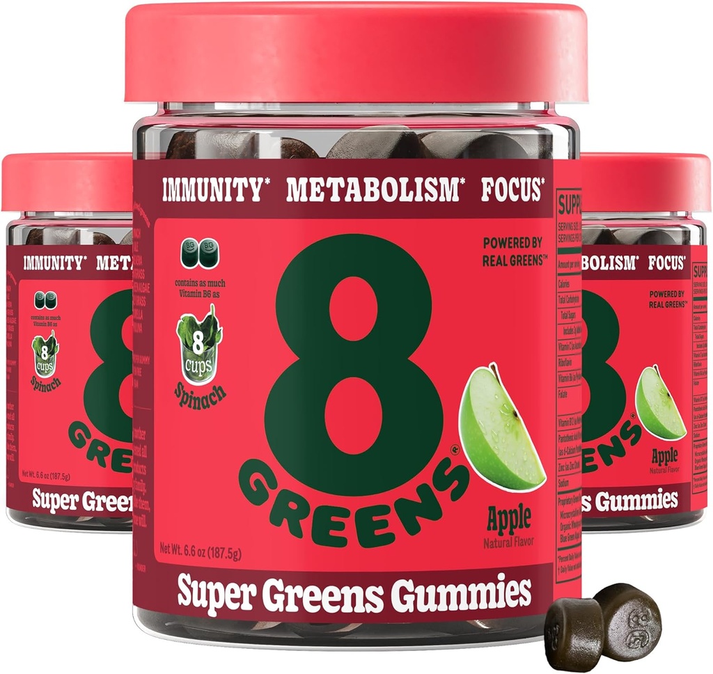 8Greens Supergreens Gummies Super Greens pulver Superfood Gummy for metabolisme, immunitet og fokus, Distintive helse Enzymer, Organisk: Klorella, Spirulina, Aloe Vera, Apple Flavor, 150 greve