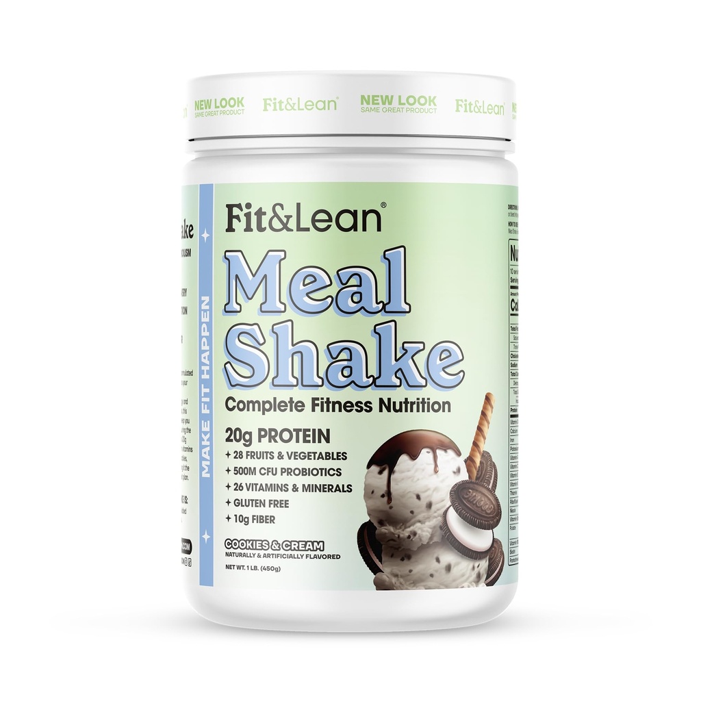 Fit & Lean Meal Shake, Fettforbrenning Måltid Erstatning, Måltid Erstatning med Protein, Fiber, Probiotika og organiske frukter og grønnsaker, Cookies og Krem, 1lb, 10 Serveringer Per Container