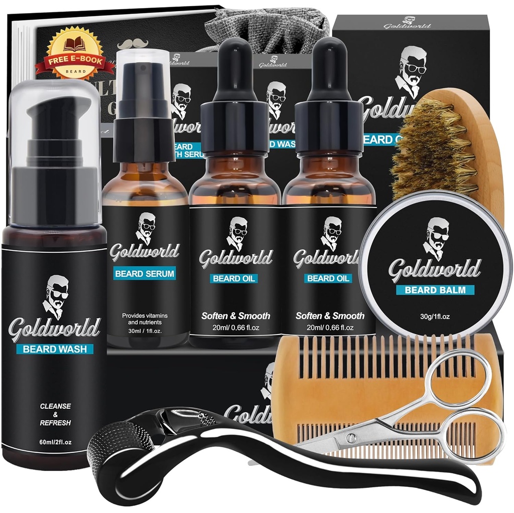 Beard Kit, Beard Grooming Kit w/Beard Wash/Shampoo,2 Pakker Beard Oil,Bard Balm,Bard Vaske,Barn,Comb,Scissor,Storage Bag,E-bok,Beard Care & Trimming Kit