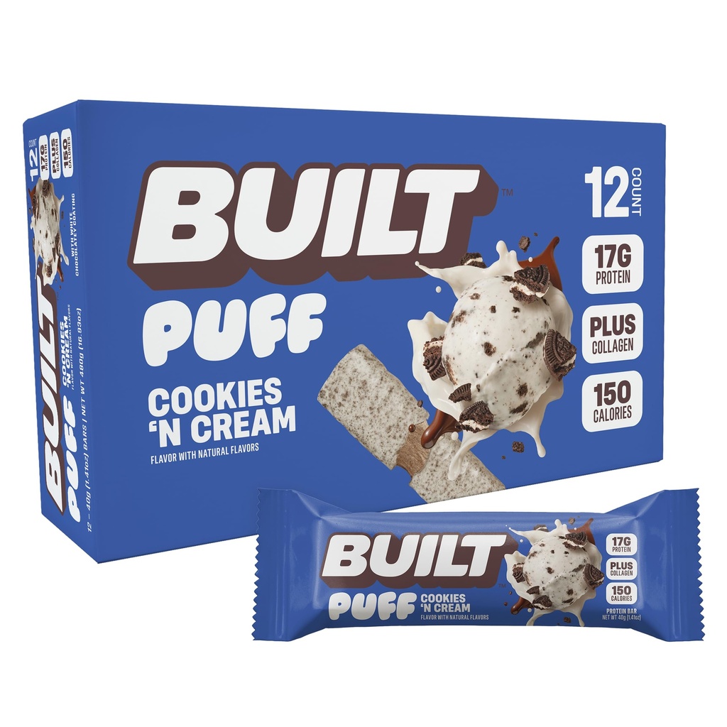 Bygget Bar, Puff Protein Bars, Informasjonskapsler 'N Cream Puff, 17g Protein Snacks, On-The-Go Bars, Bare 140 kalorier, 7g sukker, kollagen, ikke glutenfri, 12 greve