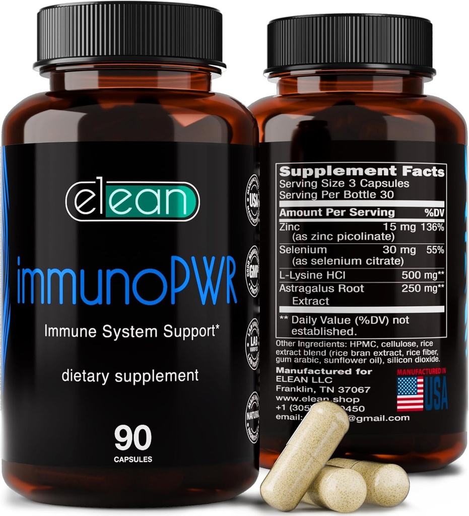 ELEAN Immuno PWR-beriket med sink, selen, aminosyrelysin og astragalus rotekstrakt for kollagensyntese, Thyroid helse, Mineral støtte, energi og immun Helse 90 Veg Kapsler.