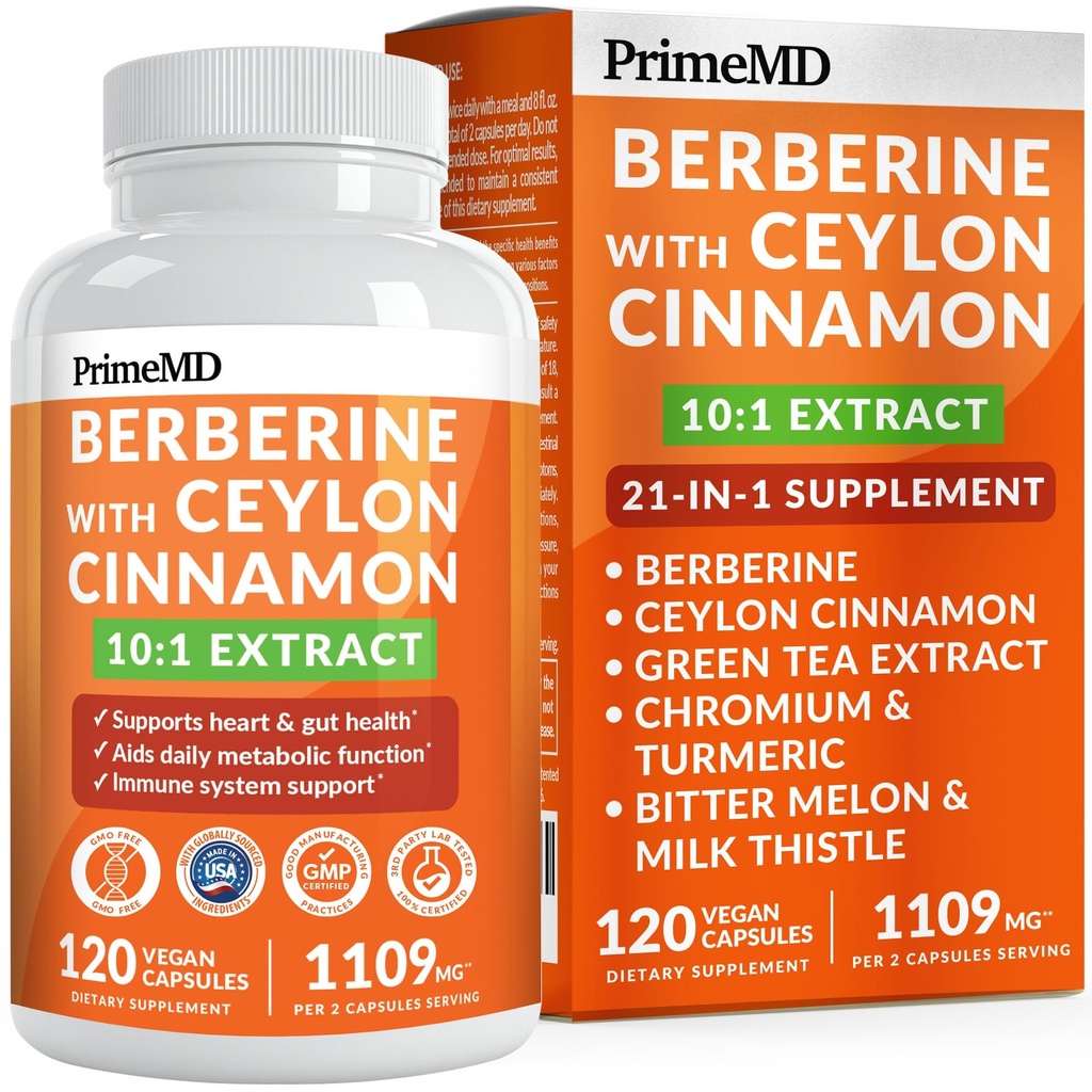 21-i-1 Berberine Supplement med ceylon kanel med kromium, bittermelon og grønn teekstrakt og svart pepperekstrakt 5X for energi og metabolisme støtte med 5279 mg (120 ct, pakke med 1)