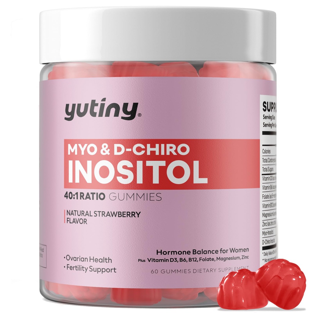 Myo-Inositol & D-Chiro Inositol Gummies, Vitamin B6 B12 & Folat for kvinner, Vegansk, Sukkerfri, Jordbær Flavor, 60 Antall