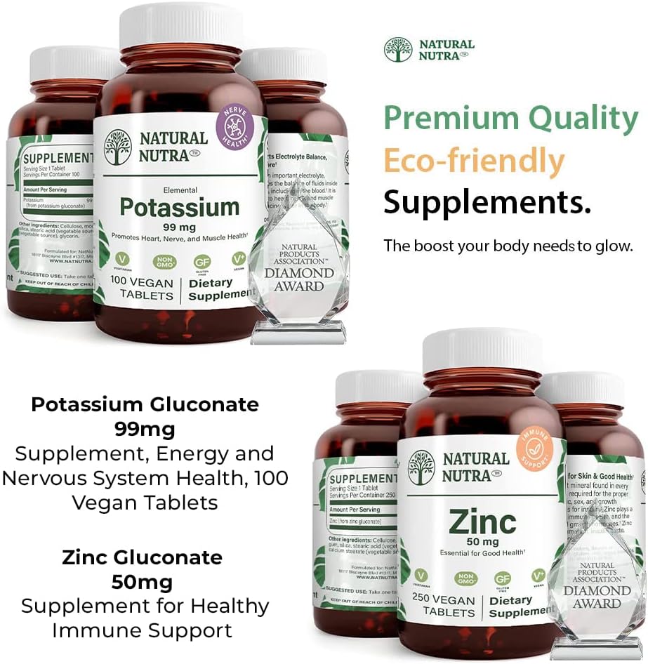 Naturlig Nutrakalium gluconat 99 mg og sink gluconat 50 mg kosttilskudd bidrar til å opprettholde immunitet og energinivå, glutenfri, essensiell for god helse.