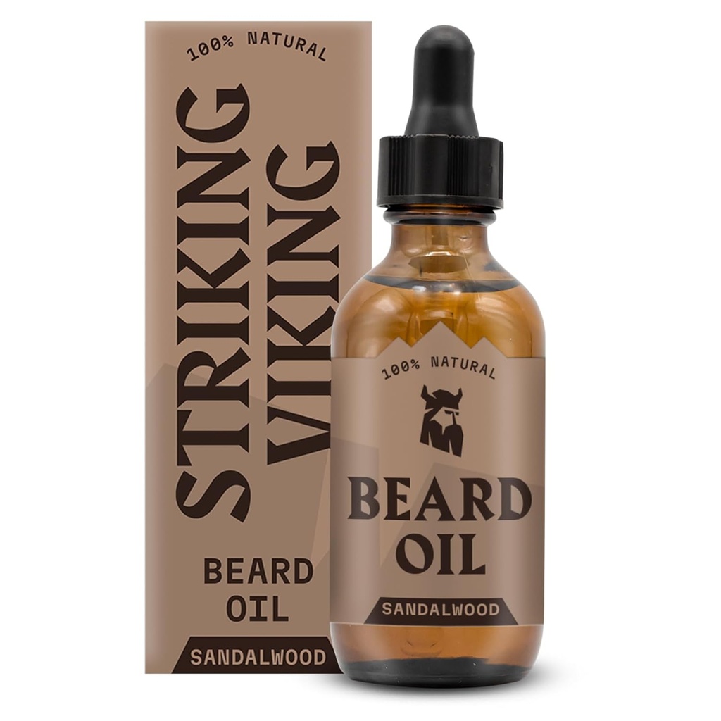 Striking Viking Sandalwood Skjegg Olje for menn - 2 Fl Oz, Sandalwood Scent - Naturlig Hydrating & Mykning Beard Care med Argan, Jojoba, Almond & Te Tree - Ikke-Grazy, Fast-Absorbing Formula