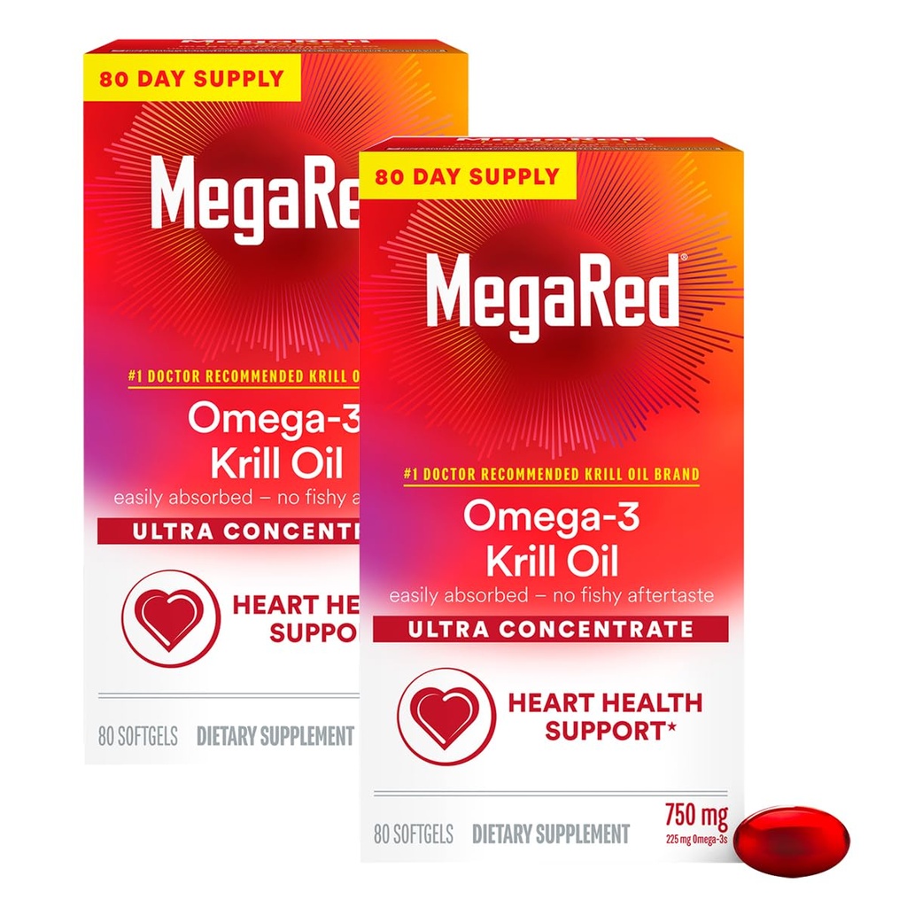 MegaRed Ultra Sensentrat 750 mg Omega-3 krill oljefettsyre Supplement med EPA / DHA, Antioksidant Astaxanthin, ingen fiskeolje ettersmak støtter hjerte helse, 80 teller softgels (2 pakke)