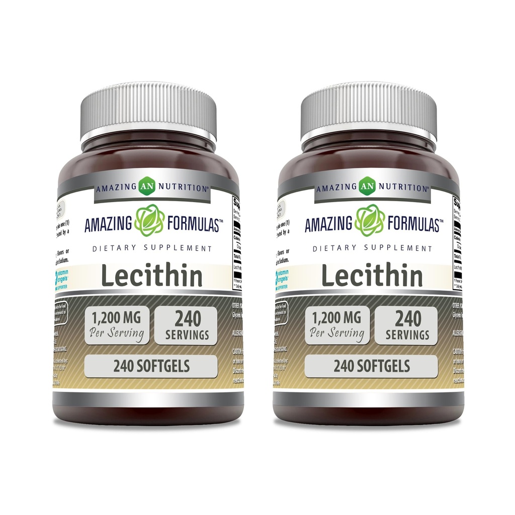 Amazing Formler Lecithin 1200 mg Softgels Supplement | Høy styrke | Ikke-GMO | Glutenfri (2 Pack, 240 Count)