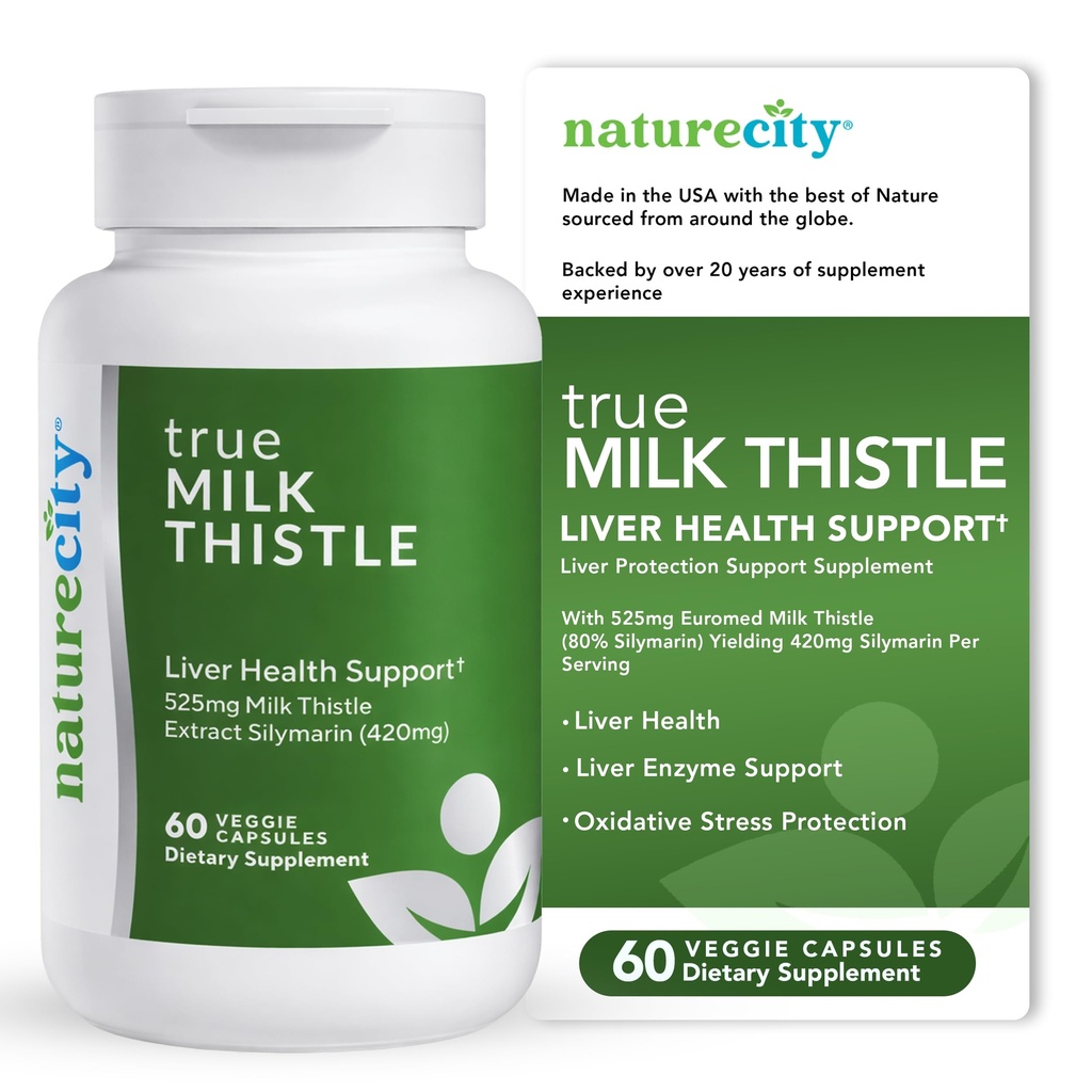 NatureCity TrueMilkTistle | Melk Thistle Supplement 525mg | Melk Thistle (80% silymarin) inneholdende 420mg Silymarin | Antioksidant Støtte | Liver Support Supplement | 60 Veggie Kapsler
