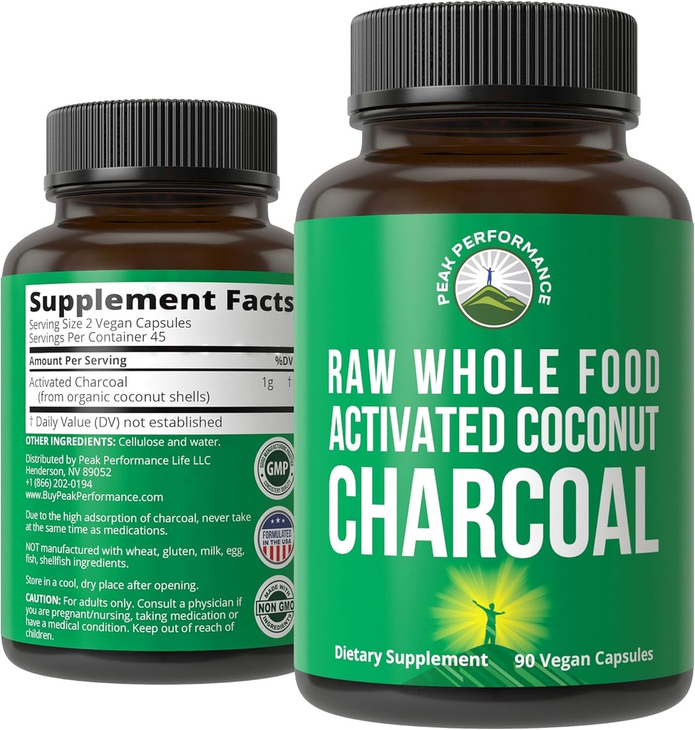 Peak Performance Aktivert Charcoal Vegansk Kapsler fra Wild Harvested Coconut Shells. Beste trygge Charcoal piller Supplement for detox, gass relief, blomstring. for menn og kvinner 90 alle naturlige tabletter