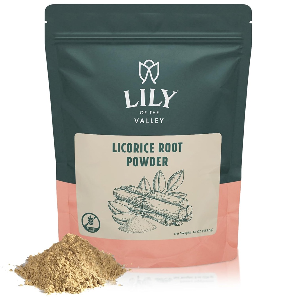 Lily of the Valley Licorice/Liquorice Root Powder - Ground Mulethi Oppgitt fra India - Naturlig søtning - Vegan & Glutenfri - pakket i forseglbar Pouch (16oz, 453g)