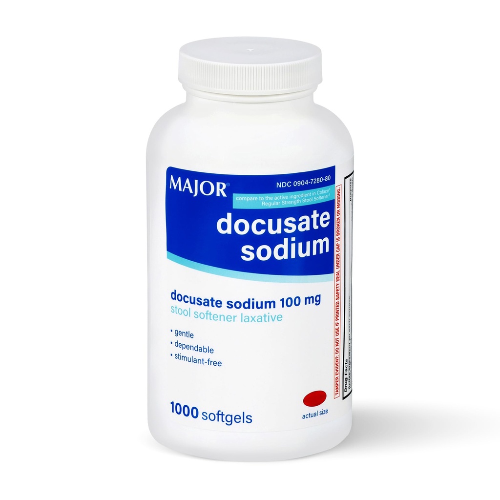 MAJOR Docusate Natrium 100mg, Stool Softener Laxative for anledningsfall lindring - Gentle, Avhengig, Stimulant-fri, 1000 Softgels
