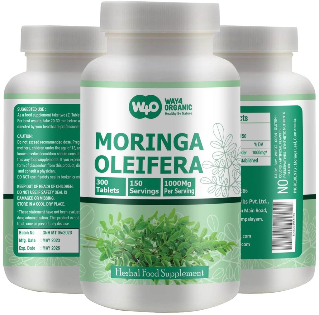 Moringa Leaf pulverkapsler (tabeller) - 300 piller, 150 serveringer, 1000 mg (1 pakke)