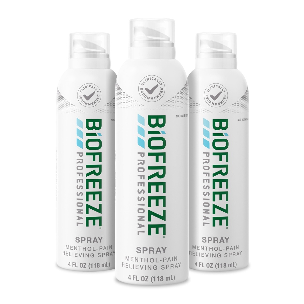 Biofreeze profesjonell smerte relief Spray for kne, hals, Hip, ledd, skulder, & enkel ryggsekk, ledsmerter lempelse, sur muskel relief, fargeløs menthol Spray 4 Fl Oz (pakke med 3)