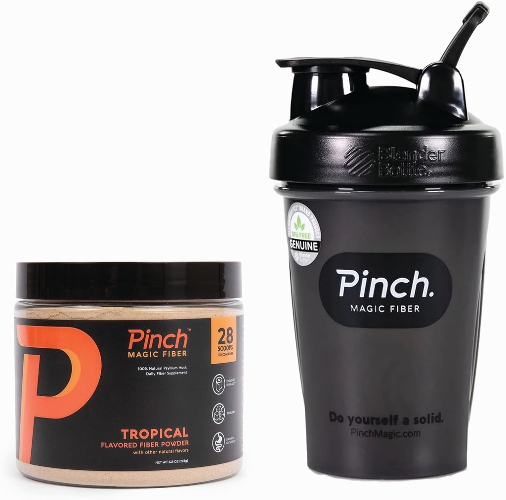Pinch Magic Fiber & Shaker Combo | Prebiotic Fiber Supplement for Digestive Helse, Keto, Vegansk, Sukkerfri | Inkluderer BPA-fri Shaker for glatt blanding & reise | USA-Made | 28-dagers forsynings | 20 oz