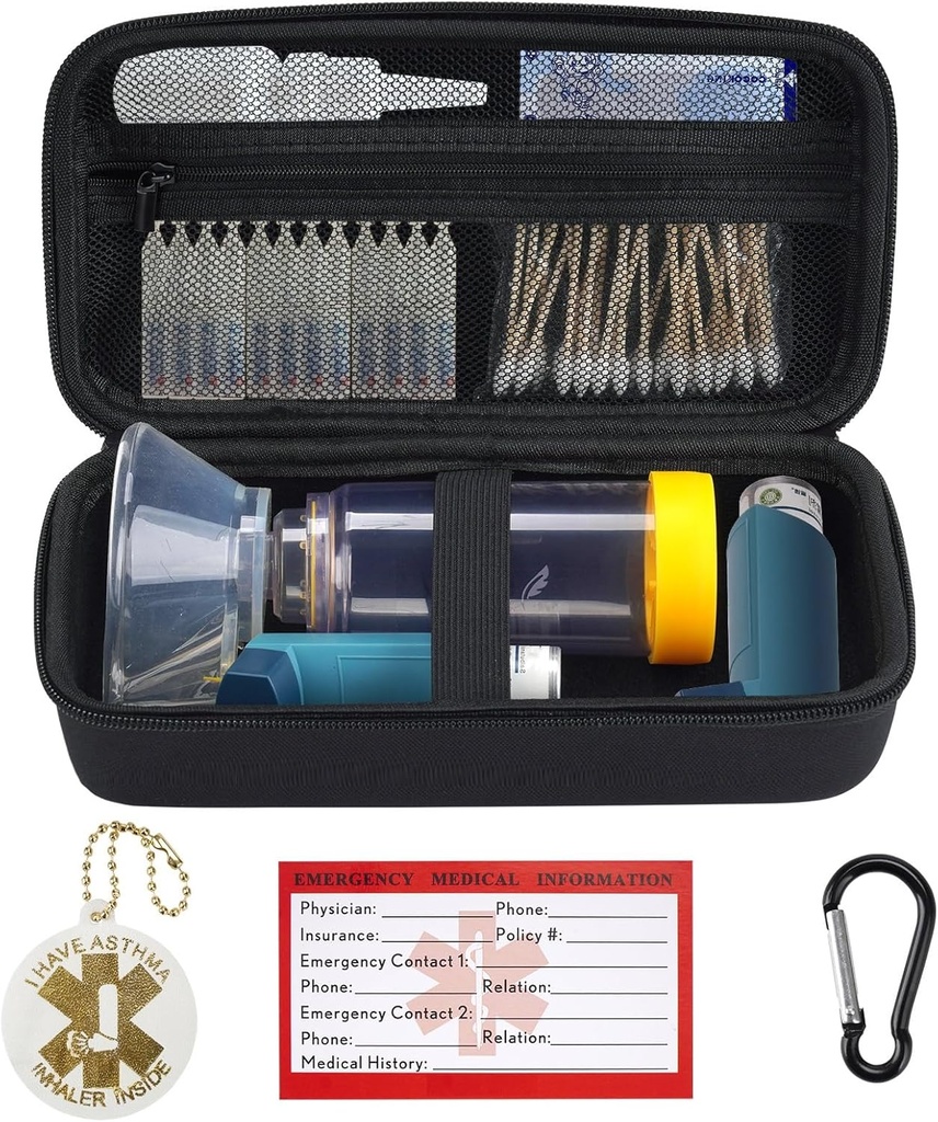 Du kjenner reise bærende sak for Astma Inhaler, inhaler Spacer for voksne og barn, Maske, innhaler holder med astma advarsel etikett og medisinsk kort, med Carabiner (kun tilfelle) (svart)
