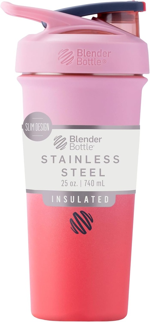 BlenderBottle Sport Sleek Isolert Rustfritt stål Shaker flaske med Wire Whisk, 25-Ounce, Flamingo Ombre - Protein Shakes & Hydration for åleter og treningssentre, enkel blanding, Slim lett å holde, holder drinker kaldt, låsbar Lid