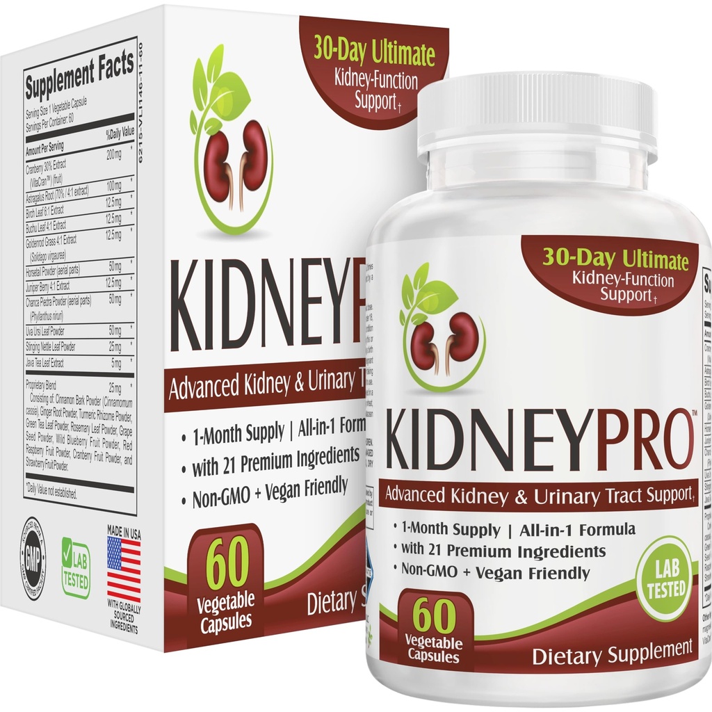 Njure-PRO med 21 Njure Helse Supplement | Alt-i-1 Formula |Nureals & Urinal Tract Supplement | Daglig rengjøring og Detox Støtte | 1-mån  Supply 60 Kapsler