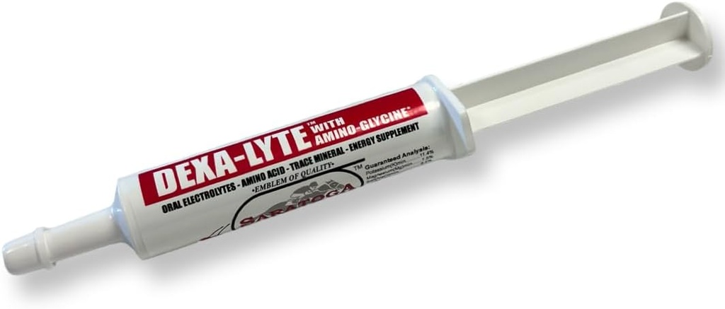 Dexa-Lytte - Premium Electrolyte & Aminosyre energi øke for hester. Hurtig replikasjon av tapte mineraler fra øvelse, dehydrering og ekstremt vær. Lett å administrere Syringe.