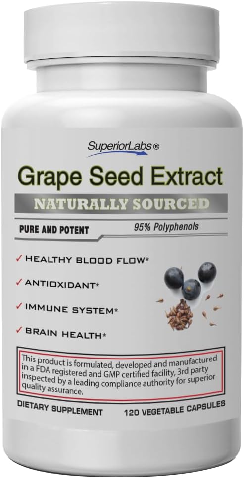 Superior Labs Grape frø ekstrakt, 400 mg, 120 Grønnsaker kapsler, 95% polyfenoler, høy antioksidant innhold, sunn blodflyt, støtter immunsystem og hjerne helse