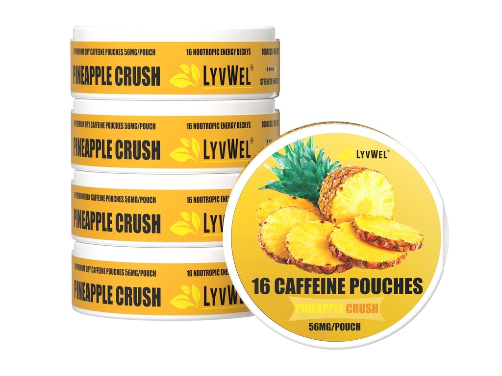 LyvWel 56mg Koffein Energi Pouches – Pineapple – Ren energi og fokus Boost med Guarana – 5-pakker med 16 Pouches Per Can (80 Total Pouches)