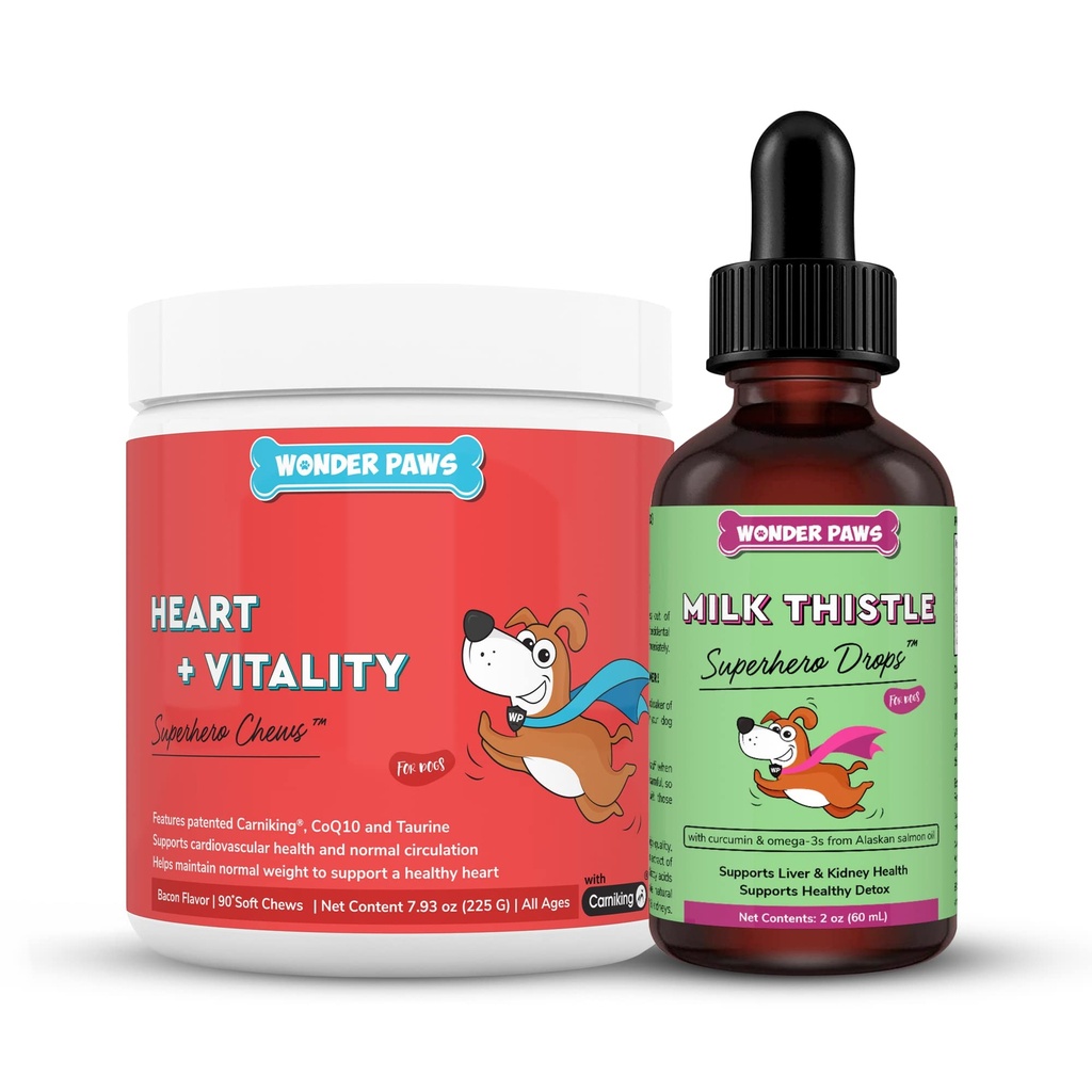 WONDER PAWS Heart + Vitality Superhero Chews Plus Melk Thistle Drops - for hunder hjerte helse, sirkulasjon, lever og immun støtte - hjerte + Vitality 90 Chews - Melk Thistle Drops 2 egg