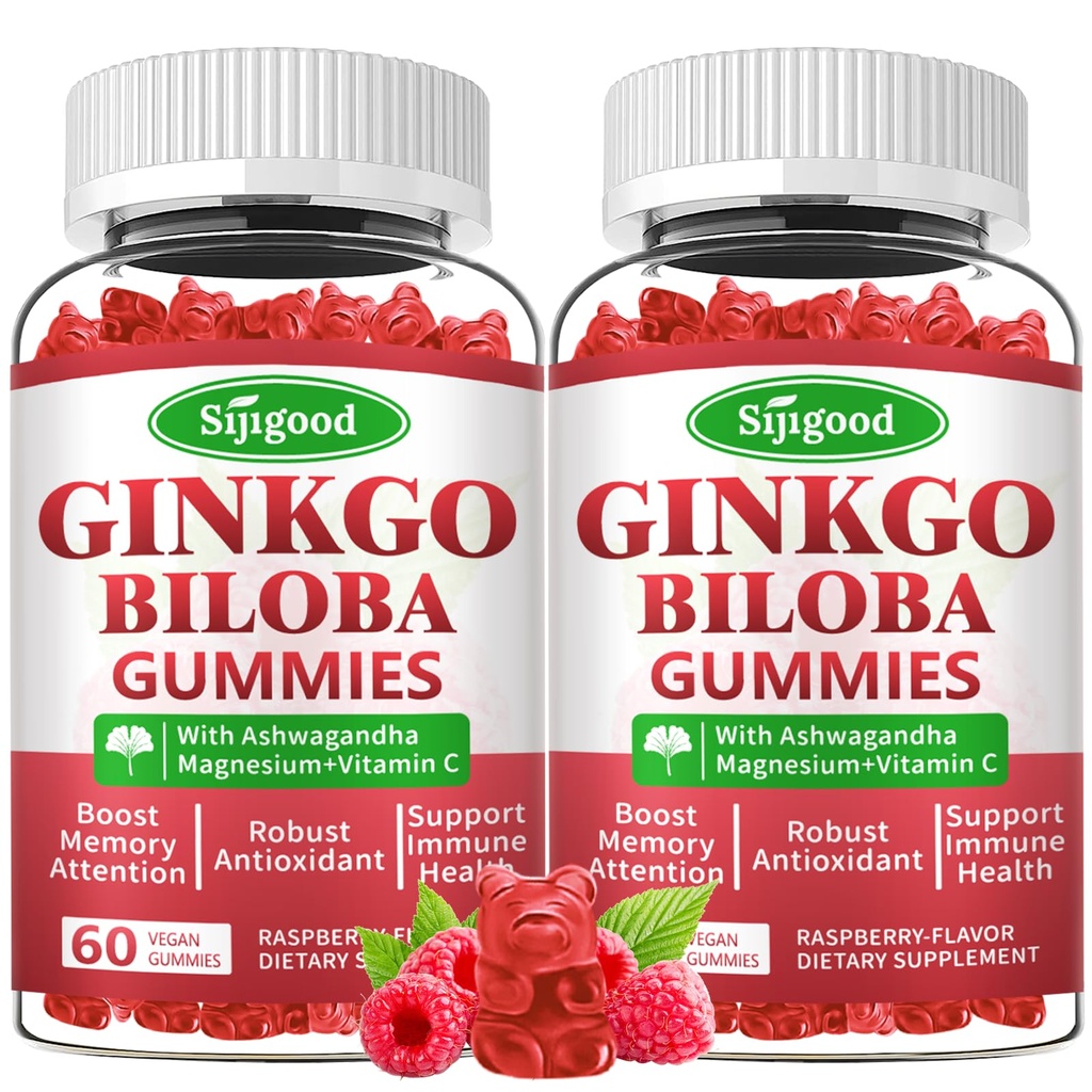 2 Pack Ginkgo Biloba Gummies med Panax Ginseng og magnesium, Ginkgo Biloba Kosttilskudd for fokus, minne, og hjerne helse for voksne og barn, Vegansk bringebær Flavor Gummies, 120 greve