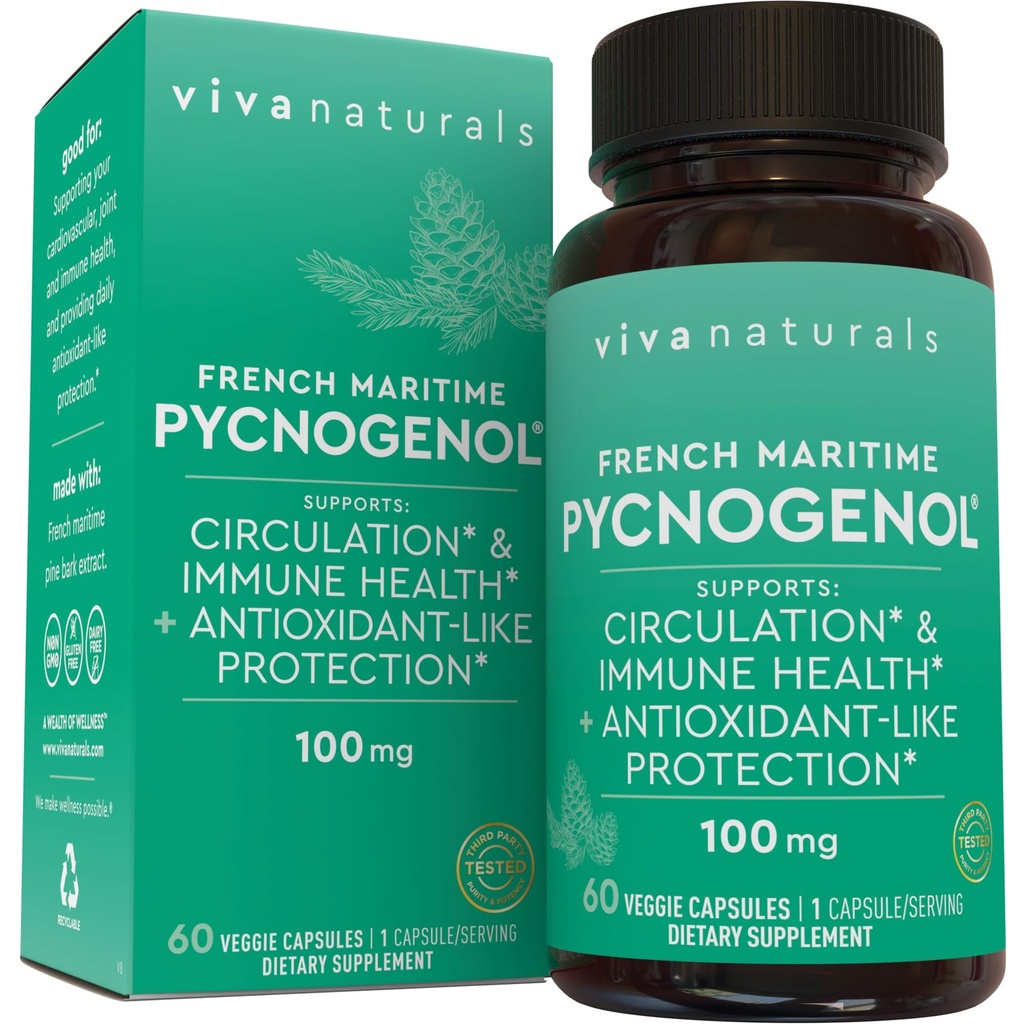 Viva Naturals Pycnogenol - 100mg Fransk Maritime Pine Bark Extract - Støtter sirkulasjon, Antioksidant-like aktivitet, Joints & Immune Helse og funksjon – 60 Veggie Kapsler
