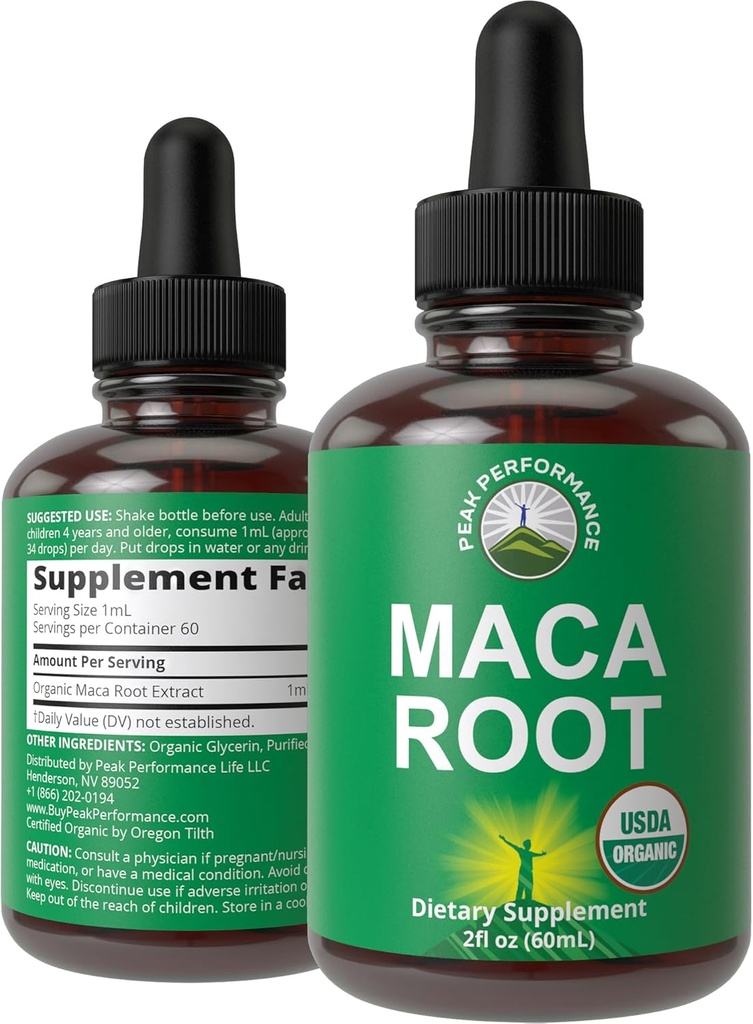 Maca Root flytende dråper. USDA Organic Vegan Extract Supplement for kvinner og menn. Høy biotilgjengelighet kosttilskudd. Maca for energi, utholdenhet og Mood Support. Null sukker, Glutenfri, Ingen kapsler