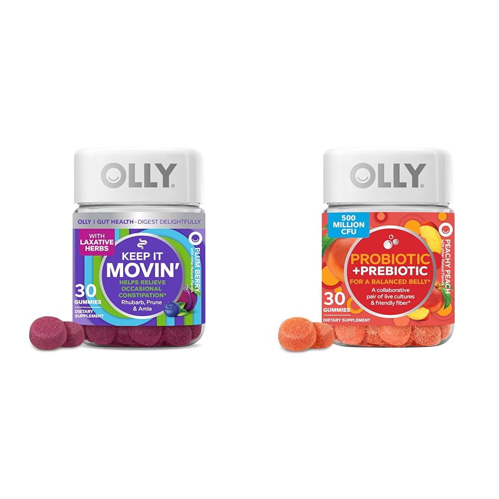 OLLY-hypertensiv relief Gummier med Rhubarb, Prunes, Amla & Probiotic + Prebiotiske Gummier for Digestive Helse, 500 millioner CFUs, 30 greve
