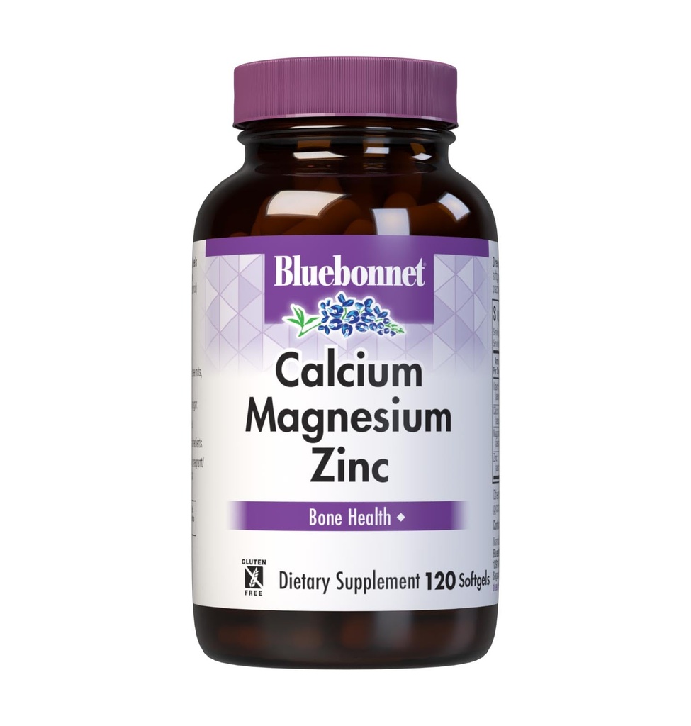 Blåbonnet ernæring Kalsium Magnesium Sink Plus vitamin D3, 1000 mg kalsium, 500 mg magnesium og 15 mg sink, 400IU vitamin D3, For sterke sunne bein*, Glutenfri, Dairy-Fee, 120 mykegel