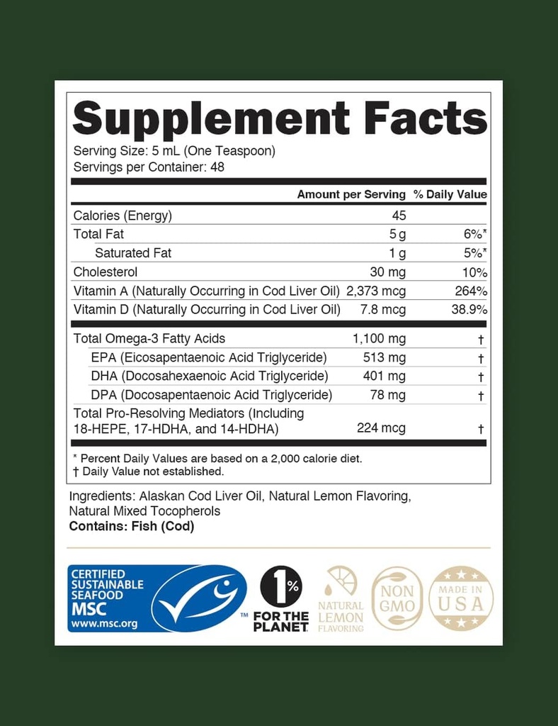 STEWARD - Wild-Caught Alaskan Liquid Cod Liver Oil 8 oz. | Omega-3s EPA, DHA, DPA og SPMs + naturlige vitaminer A & D