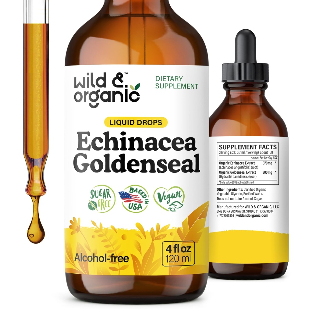Wild & Organic Echinacea Goldenseal Tinktur - Immun Support Drops med Echinacea og Goldenseal Root Extract - Vegan, Sukker & alkoholfri flytende kosttilskudd - 4 fl oz