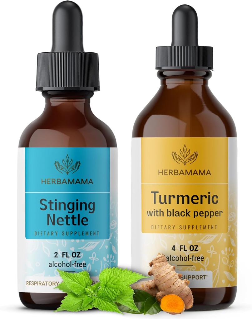 HERBAMAMA Herbal flytende dråper Kit - Bundle av Stinging Nettle 2 fl oz & Turmeric Curcumin Tinktur 4 fl oz - Vegan, ikke-GMO, sukker & alkohol-fri - 2 pakke