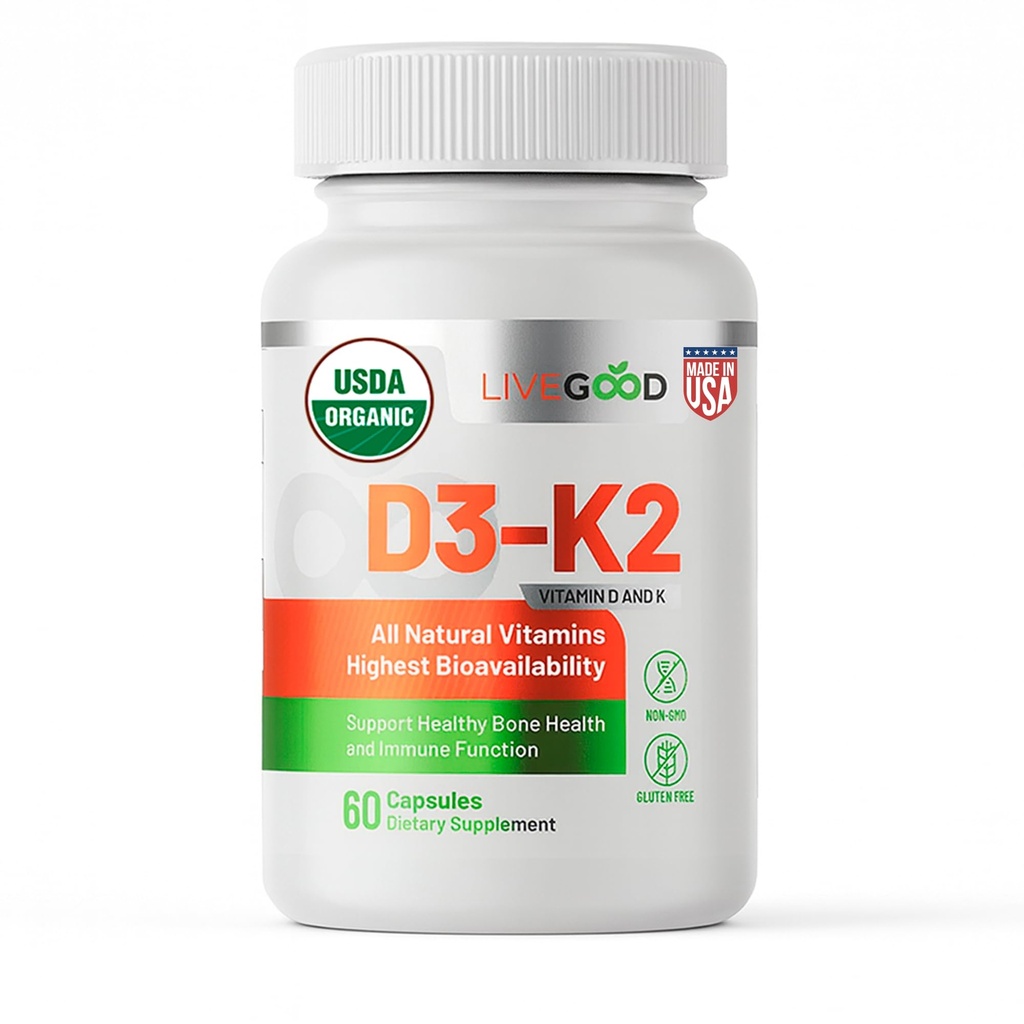 LIVEGOOD organisk D3 K2 Supplement 2000 IU, Vegankapsler med MK-7, ren vitamin D3 med K2 for immunforsvar, og beinstøtte laget i USA Organic D3 K2 Formula (60 greve)