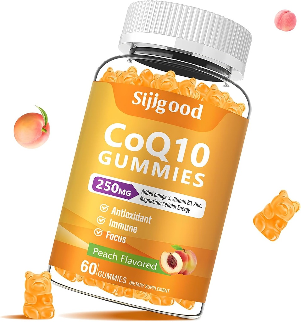 Sukkerfri CoQ10 Gummies, Plus Omega-3, vitamin B3 og sink, magnesium, 5X høy absorpsjon koenzym Q10 kosttilskudd, q10 Boost Cellular Energy, Potent Antioksidant & Hjerne, Peach Flavor, 60 Cts