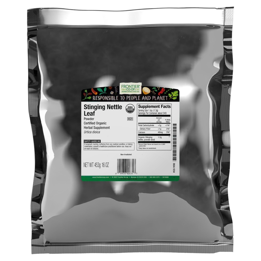 Frontier Co-op Organic Ground Stinging Nettle Leaf, Tørket Nettle Leaf pulver, Kosher | 16 Ounce (pakke med 1)