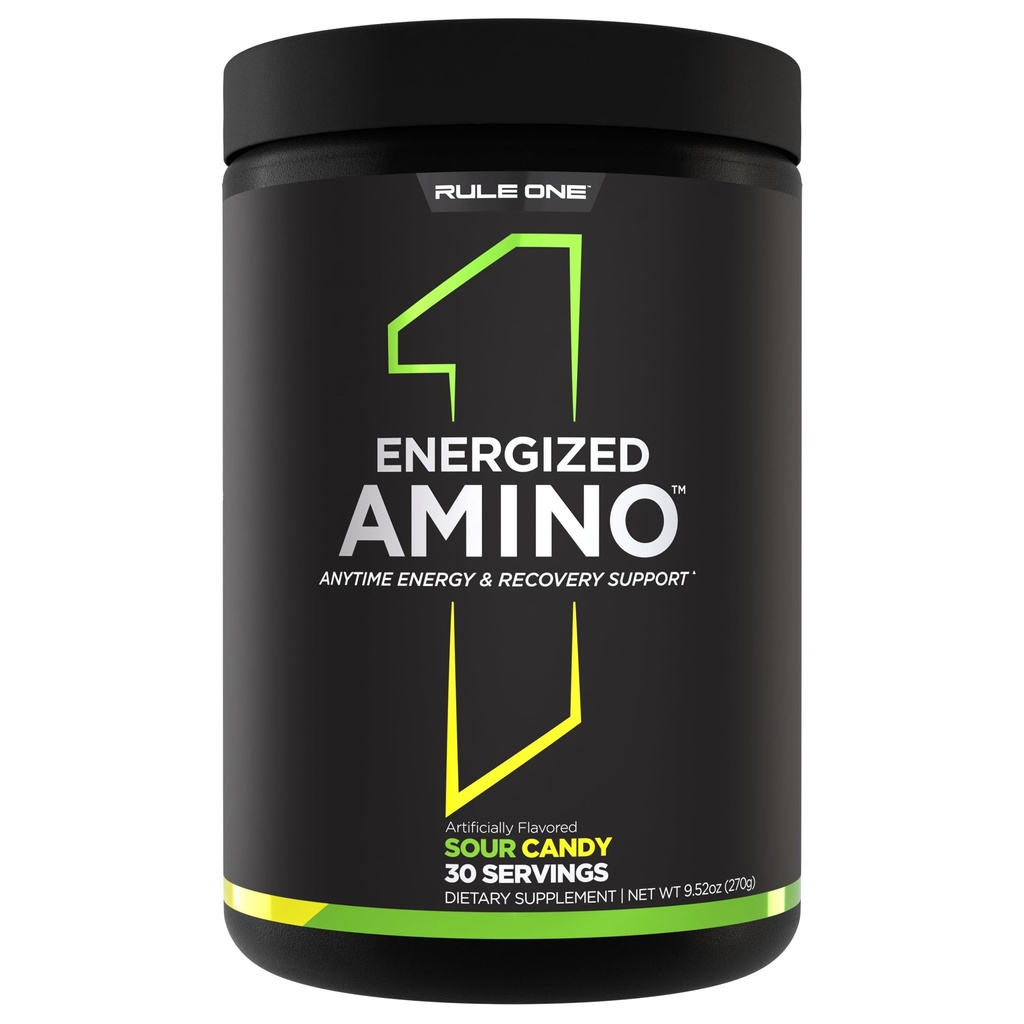 Regel 1 Energized Amino – Anytime Energy and Recovery Support med BCAA, Glutamine, Citrulline, Beta Alanine, og koffein fra grønn kaffe og te leaf ekstrakter (30 Serveringer, Sour Candy)
