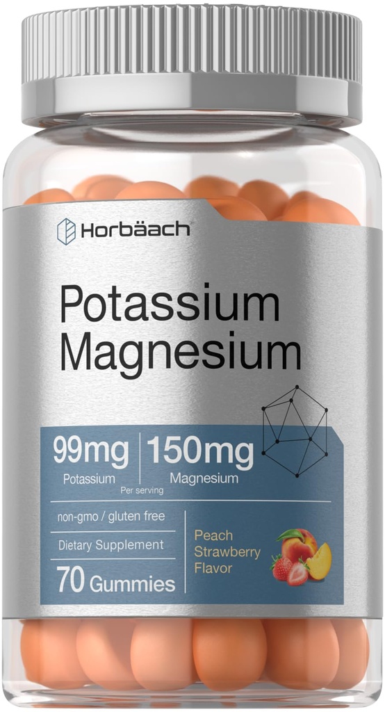 Horbäach Kalium Magnesium Supplement Gummier | Peach Strawberry Flavor ® 70 greve Vegansk, Ikke-GMO, og Glutenfri formel