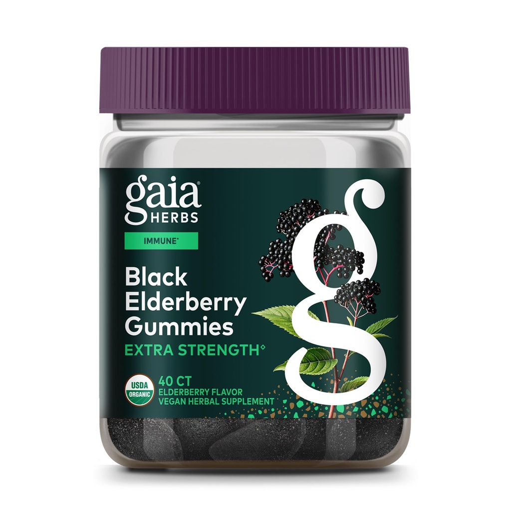 Gaia Urter Svart Elderbær (Sambucus Nigra) Ekstra Styrke Gummies - Delicious Immune Support Supplement - laget med sertifiserte organiske svart eldrebær for immunsystem støtte - 40 Gummies
