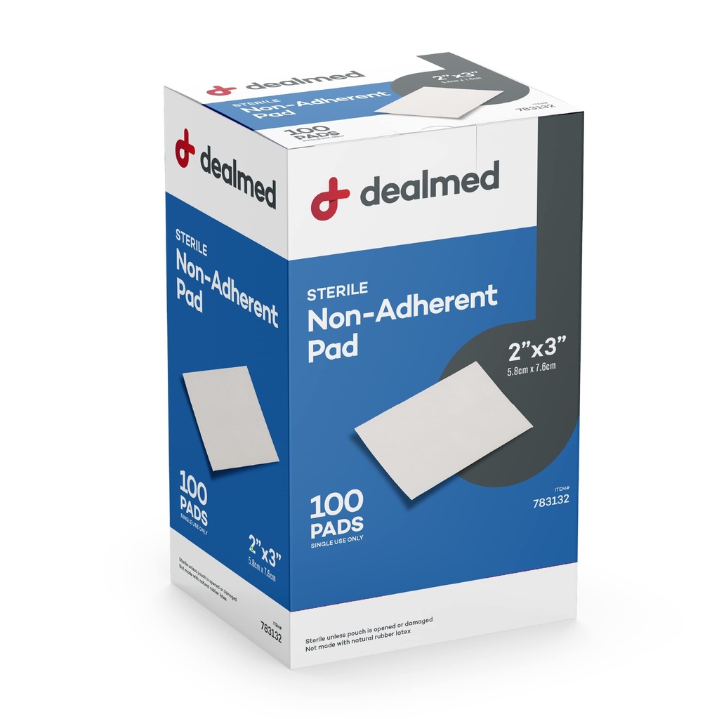 Dealmed Sterile Non-Adherent 2" x 3" Gauze Pads ikke-klebende sårkjole, høyabsorbent & ikke-stick, smertefri fjerning-bryter, individuelt omgitt for ekstra beskyttelse (boks på 100)