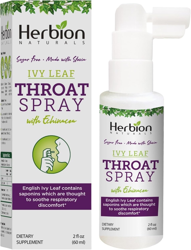 HERBION Naturals Throat Spray, Soothes Respiratory Discomfort med kraften fra engelsk Ivy, Marshmallow, og Echinacea ekstrakter for voksne og barn, 2 Fl Oz, Pakke med 1