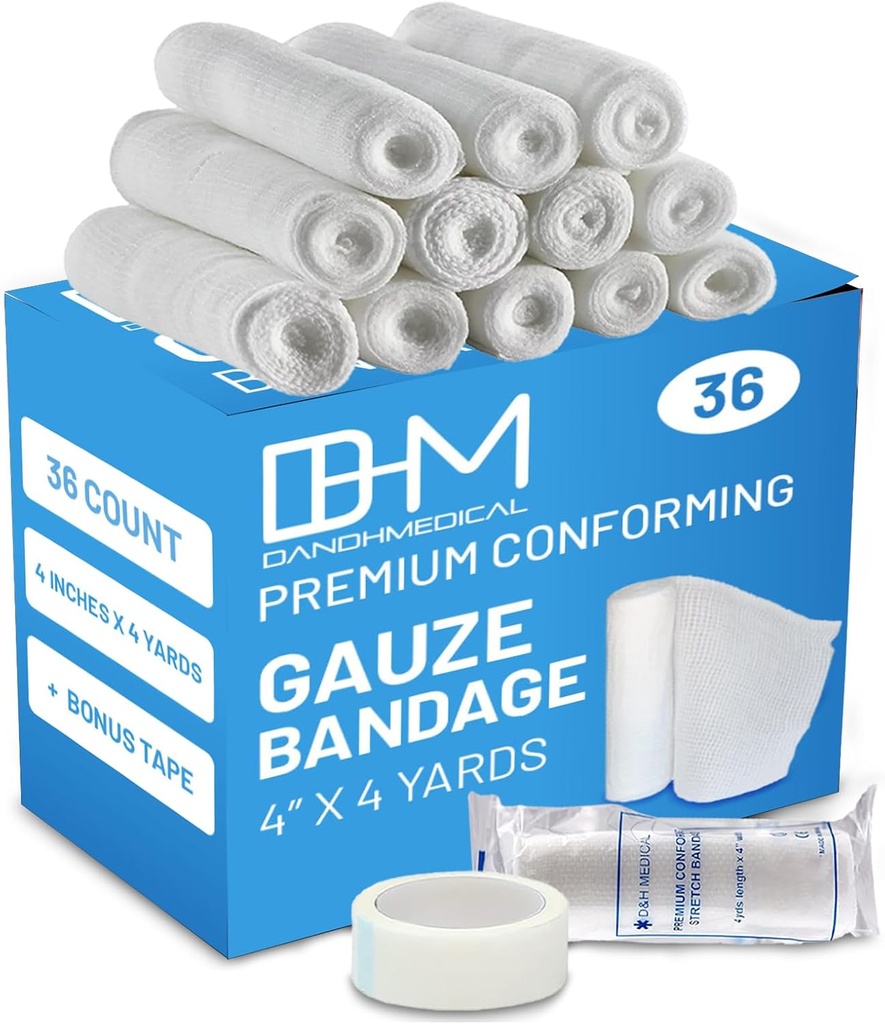 D&H Medisinsk pakke med 36 Gauze Bandage Roll 4 tommer x 4.1 Yards med Tape - Medisinsk Gauze Wrap for sår omsorg - lett å bruke bomullsruller for hånd Wrap kjole ankler og kne