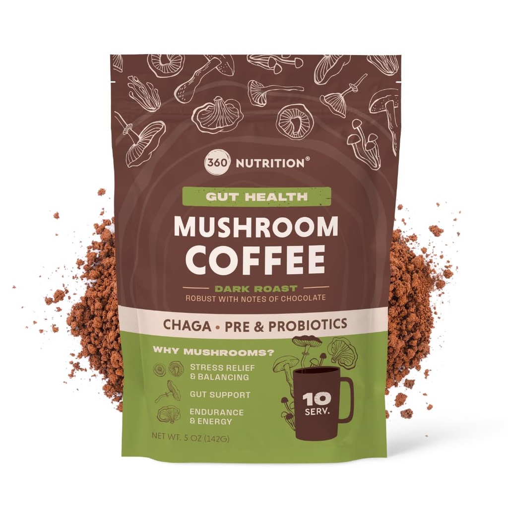 360 Nutrition Instant Mushroom Kaffe med Chaga Superfood Mushroom og Prebiotika, Probiotika for Gut helse, og fokus støtte | Dark Roast, Ingen tilsatt sukker 5 oz (Gut Blend)
