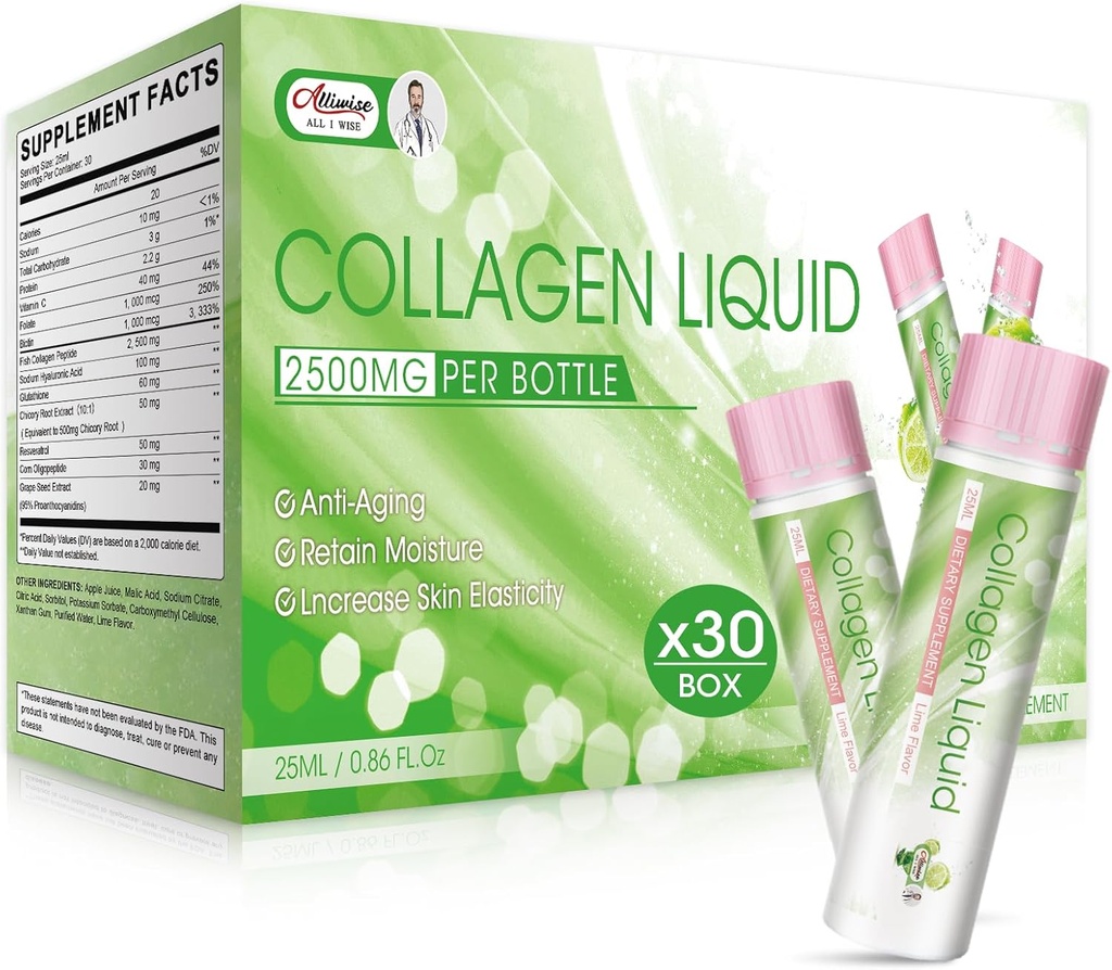 Væske kollagen for kvinner, 2500mg Beauty Collage Drink med Marine Collage Peptider Glutathione Anti-Aging, Beholder Moisture, Vitamin C & Biotin for hudrevitalisering (pakke av 30)-Lemon Flavor