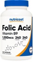 Nutricost Folinsyre (vitamin B9) 1000 mikrog, 240 kapsler