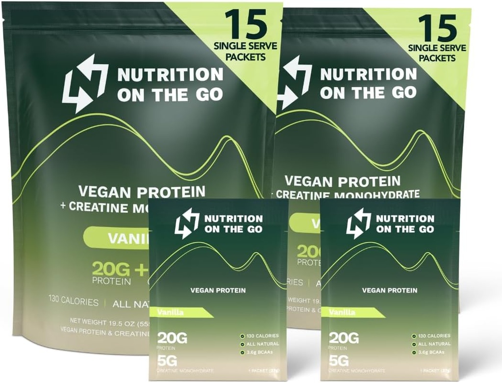 Ernæring på Go Vegan Protein pulver pakker med kreatin – 20g Planteproteiner + 5g Kreatin – Single-Serve Reise Protein pulver – Alt-naturlig, Glutenfri – Vanilla – (30-Pack)