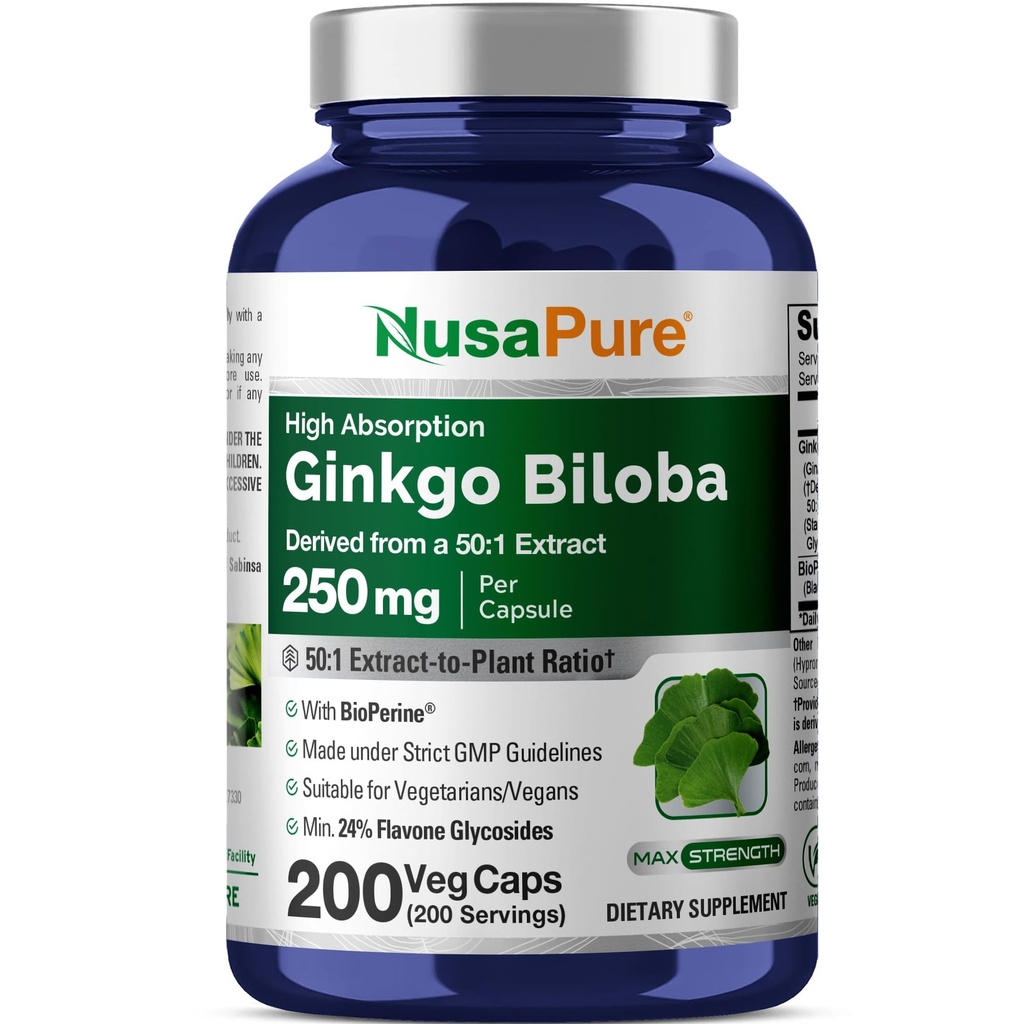 NusaPure Ginkgo Biloba 50:1 Ekstrakt, 250 mg tilsvarende 12,500 mg per Veggie Caps 200 kapsler (vegetarian, ikke-GMO, Vegan) Bioperin