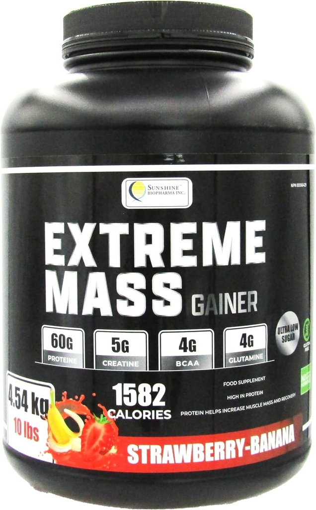 Ekstrem Mass Weight Gainer Muskelbuilder, 10 lb (4,54 kg) med mindre sukker for intens trening laget av høy kaloriforsterket myseprotein (Strawberry-Banana)