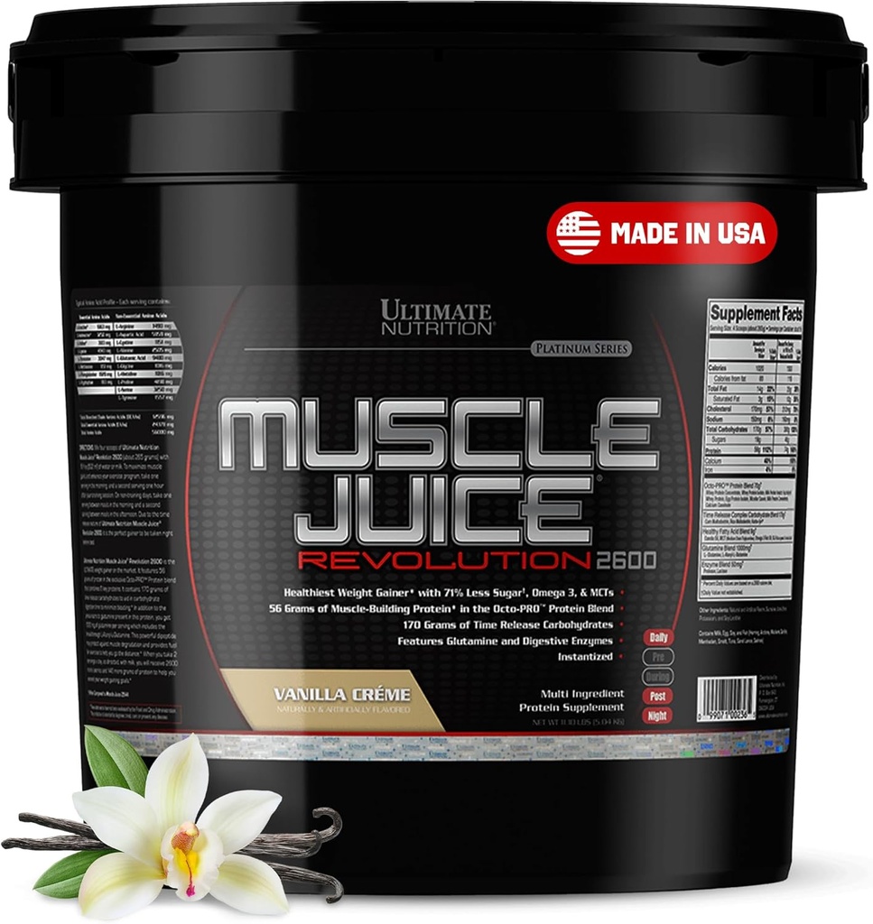 Ultimate Nutrition Muscle Juice 2600 Revolusjon, Vekt Gain Drink Blanding - Mass Gainer Trening pulver Supplement for Lean Muscle Vekst & Recovery med 56g Protein Blanding - Vanilla, 11.105lb